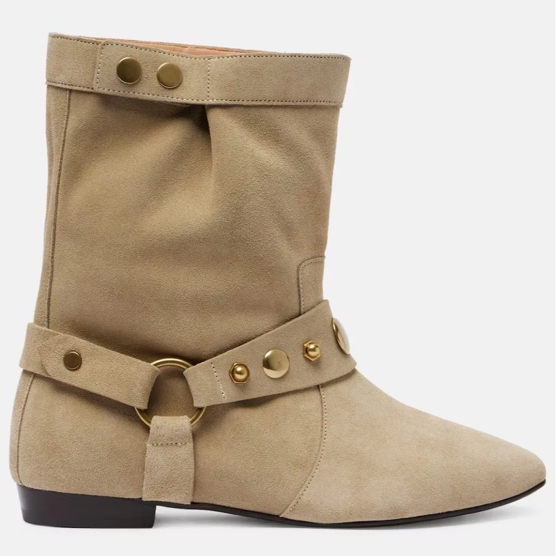 벨트 버클 스웨이드 뾰족한 앞코 숏부츠 야외용 굵은 굽 메탈 버튼 장식 여성용 웨스턴 부츠 보헤미안 스타일 신발