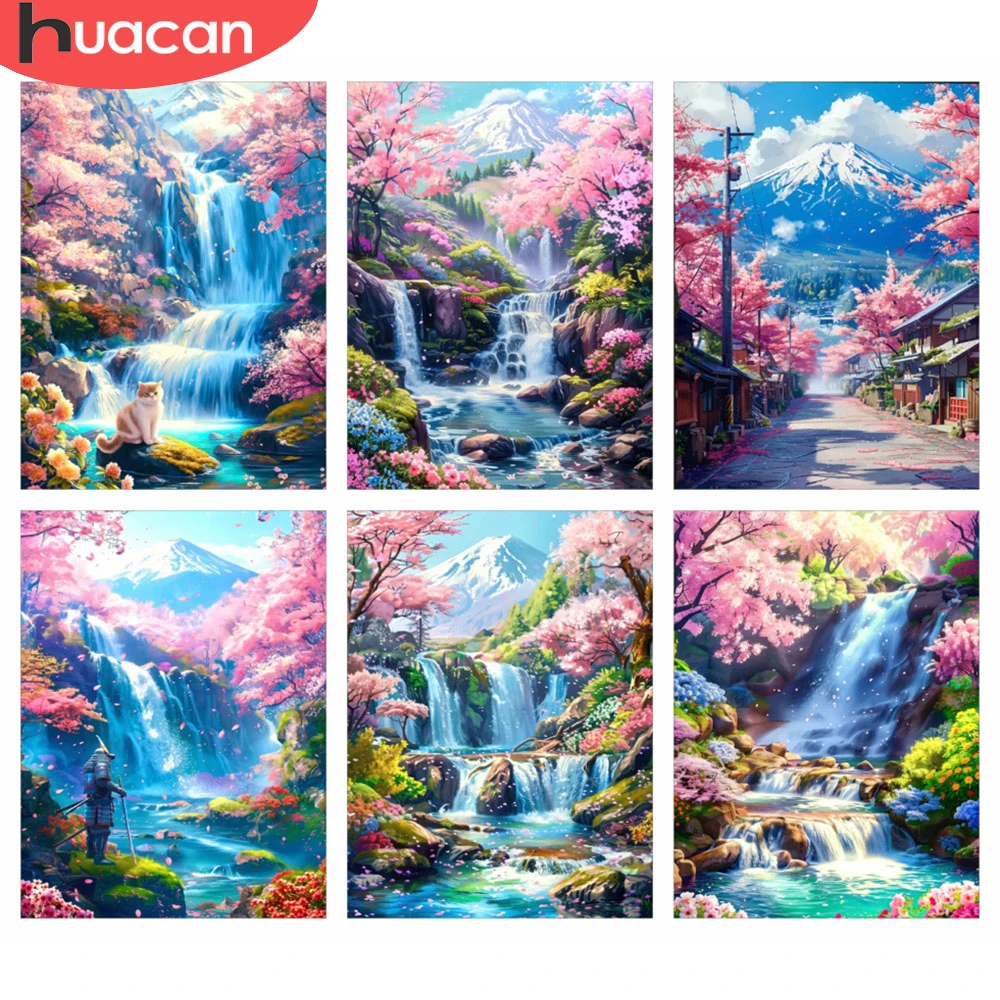 

Алмазная мозаика HUACAN: Пейзаж с водопадом и цветущей сакурой, полная квадратная/круглая выкладка, декор для дома, горный пейзаж, природа