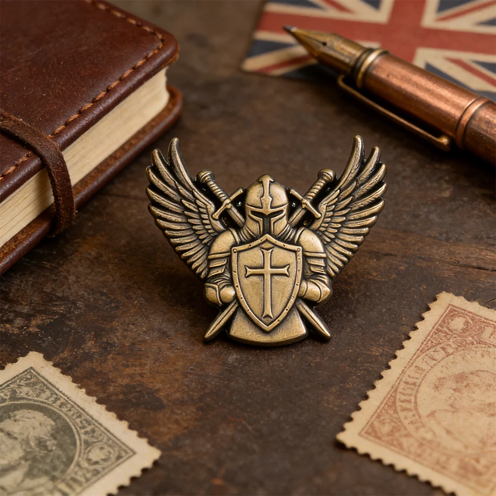 Golden Angel Knight Brooch Cross Shield Guardian Badge Golden Armor Wings Metal Pin Faith Decoration Collar Pin Accessory Gift