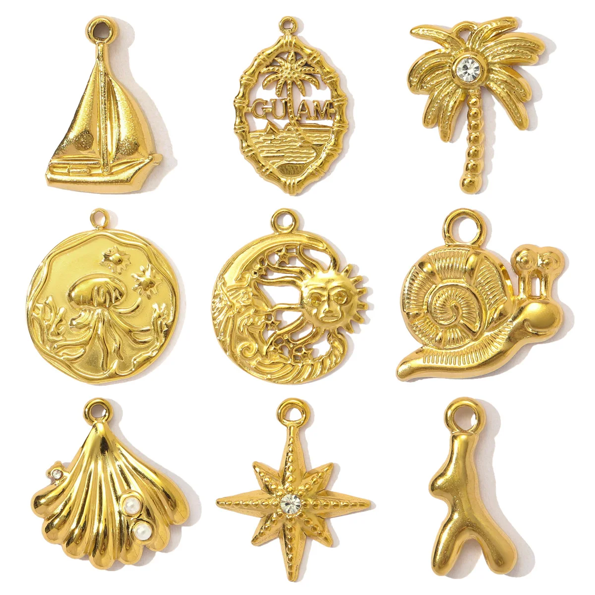 3pcs/Lot Wholesale Stainless Steel Pearl Shell Snail DIY Charms Moon Sun Star Necklace Pendants Women Plam Sailboat Jewelry