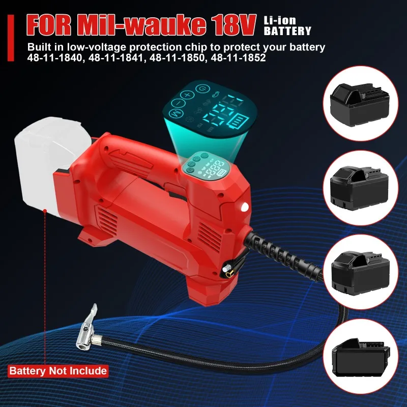 

Портативный электрический автомобильный насос для подкачки шин, беспроводной, для литиевых аккумуляторов Makita/Milwaukee 18/20В, с цифровым манометром