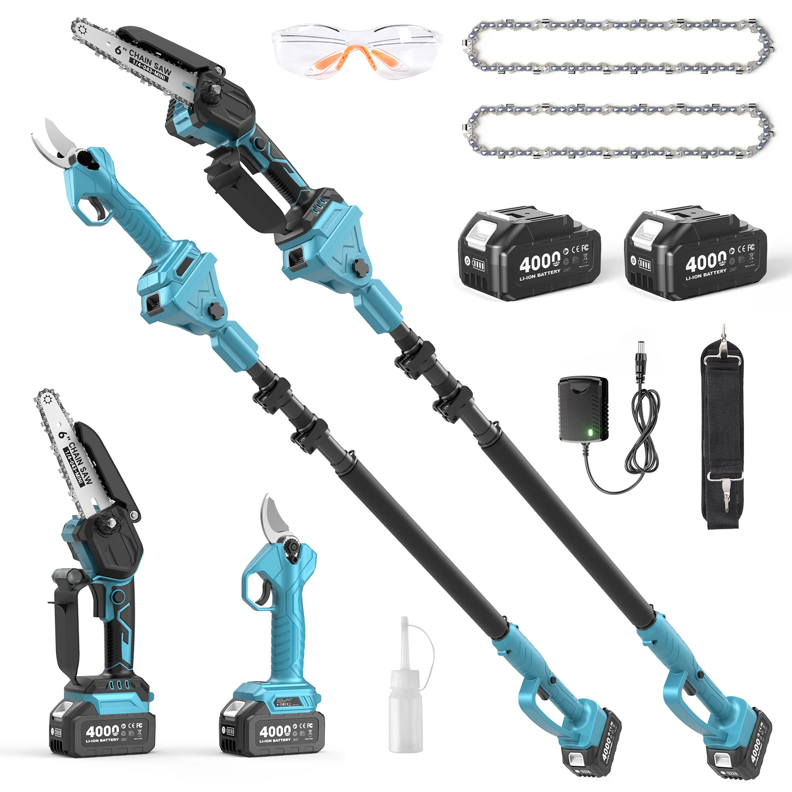 TaskStar 6-Zoll-Stangensäge & 30-mm-Elektro-Astschere, 3-in-1-Kombi-Gartengeräte mit bürstenloser Kettensäge, 15-Fuß-Verlängerungsstange zum Schneiden hoher Äste. Inklusive 2 × 4,0-Ah-Akku