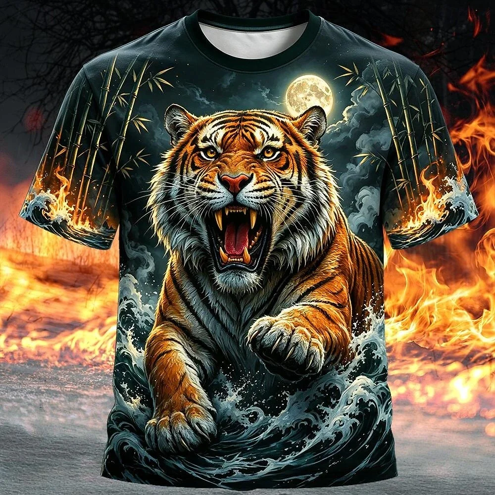 Fashion 3D Tiger Print T Shirt For Men Funny Animal Pattern Oversized T-shirt Hip Hop Street Y2k Clothes Casual O-neck Men's Top