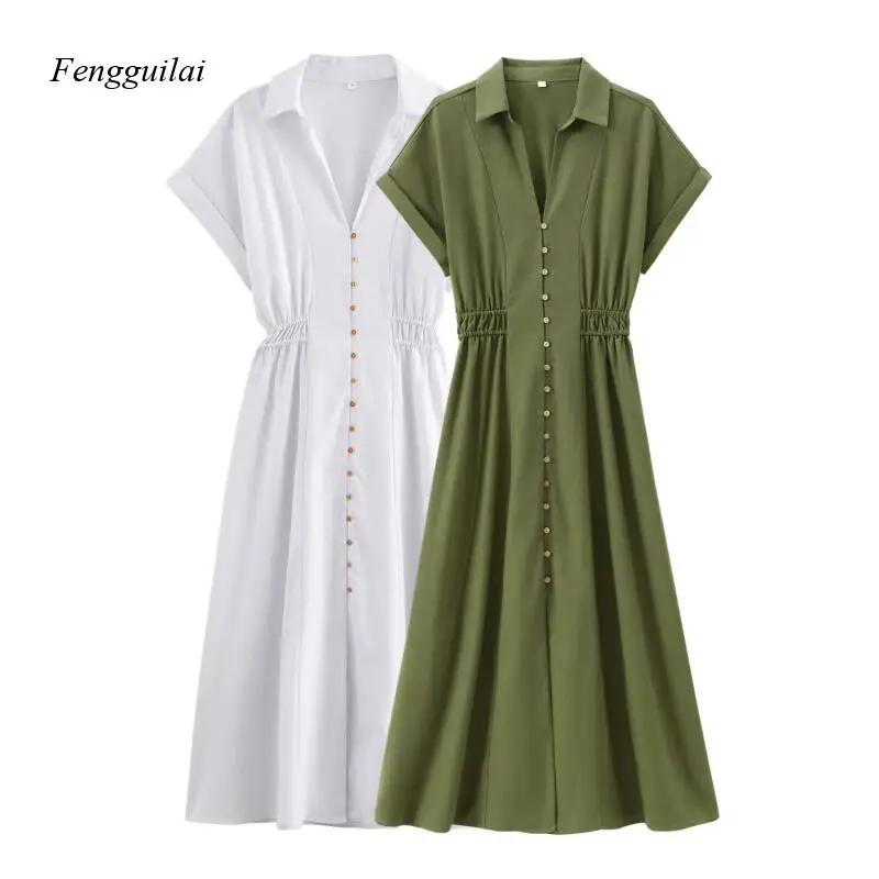 

Women's Button Down Shirt Dress Short Sleeve V Neck Waist Cinched Midi Length Casual Dress