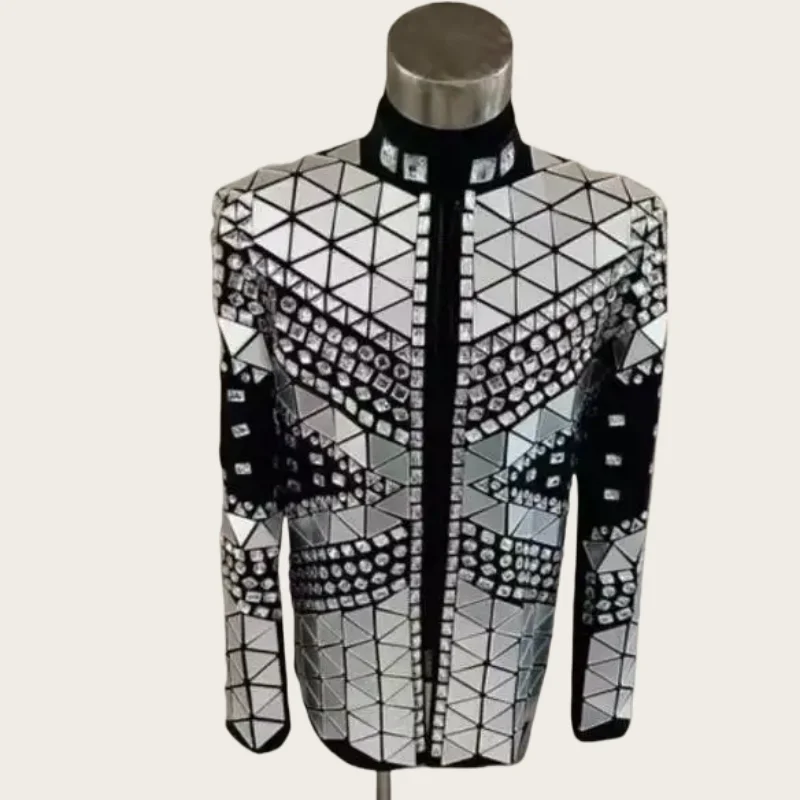 Custom Handmade Men\'s Silver Mirrors Crystal Rhinstone Royal Jacket Stage Show Banquet Dress Club Bar Singer Performance Coat