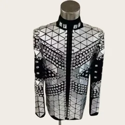 Custom Handmade Men's Silver Mirrors Crystal Rhinstone Royal Jacket Stage Show Banquet Dress Club Bar Singer Performance Coat