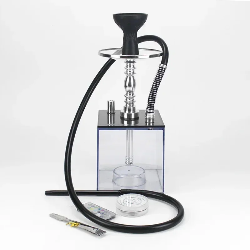Cube Acrylic Hookah Set 2 Hose LED Light Silicone Bowl Narguile Sheesha Chicha Nargile Cachimbas With Carrying Box Ket