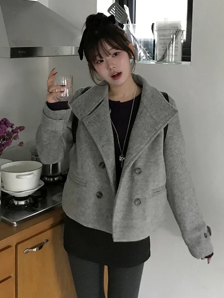 

College Sle Pure Color Tweed Jaet Women's ort Coat Double Breasted Winter Faion Small Size Casual Knitwear