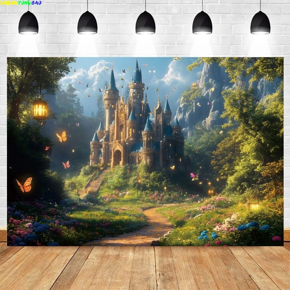 Fantasie Märchen Schloss Fotografie Hintergrund Frühling Wald Blume Foto Hintergrund Kinder Kunst Porträt Photobooth Requisiten