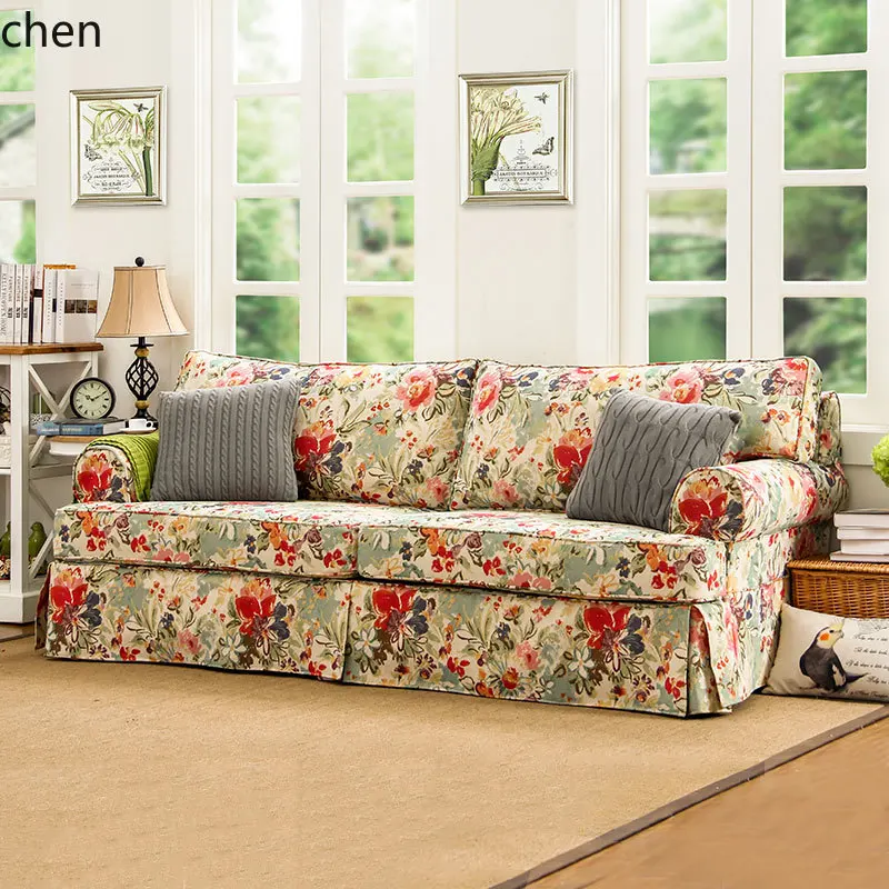 

QZT sofa small apartment three-person rural living room pastoral style removable and washable fabric sofa combination