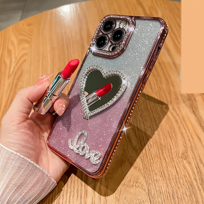 Soporte para teléfono móvil, espejo decorativo en forma de corazón, soporte de moda de escritorio, diseño de espejo plegable, se puede utilizar varios teléfonos