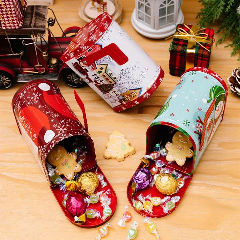 Decorated Christmas Cookie Jar Tin Candy Box Christmas Mailbox Tinplate Box Christmas Snack Storage Tank Candy Gift Box