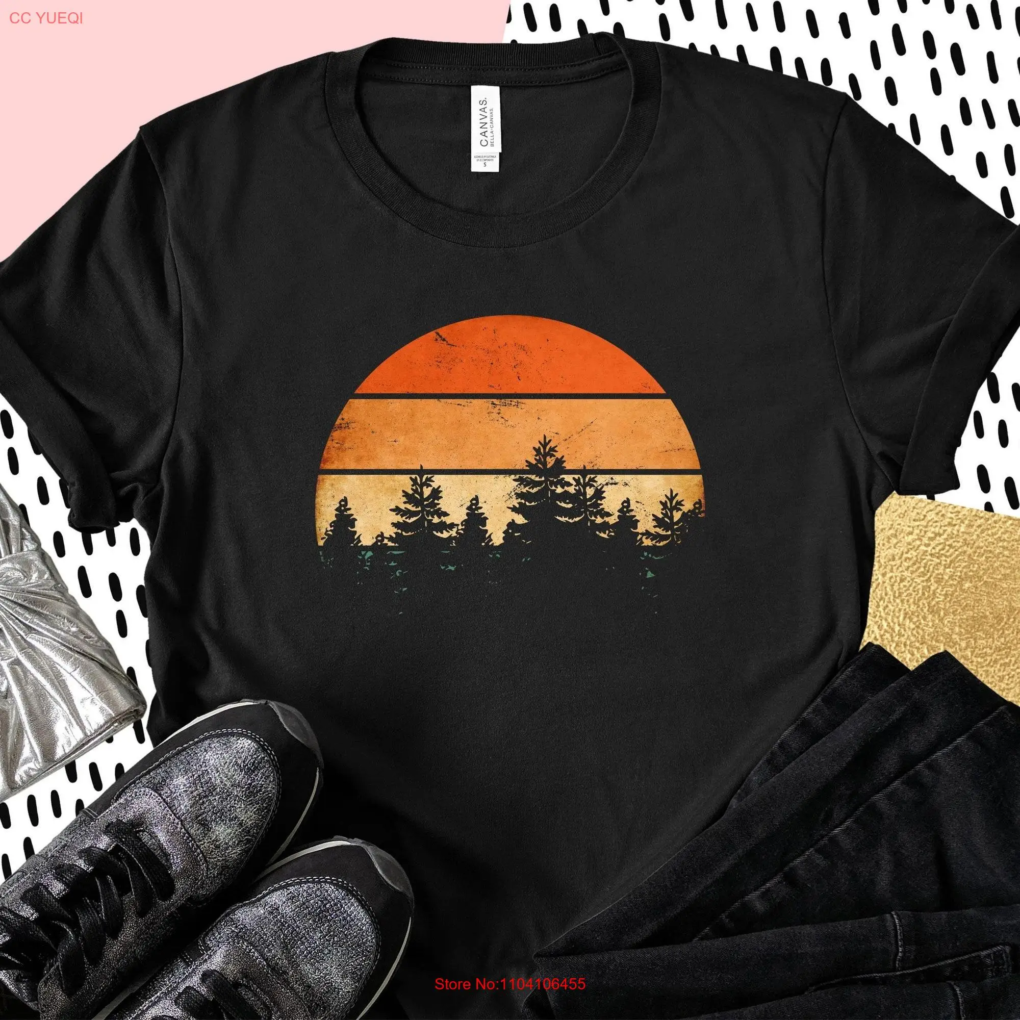 Pine Tree Retro Silhouette  T Shirt Line Design Vintage Style for Outdoor Enthusiast long or short sleeves