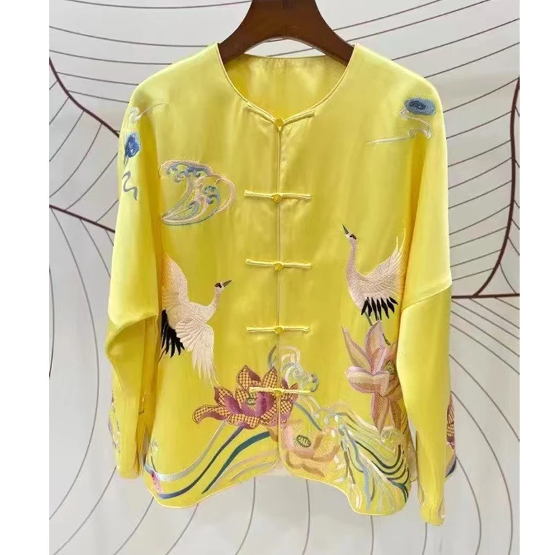 

High Quality O-Neck Chinese Style Red-Crowned Crane Embroidered Acetate Fabric 2024 Spring New Long Sleeved Jacket S-XXL