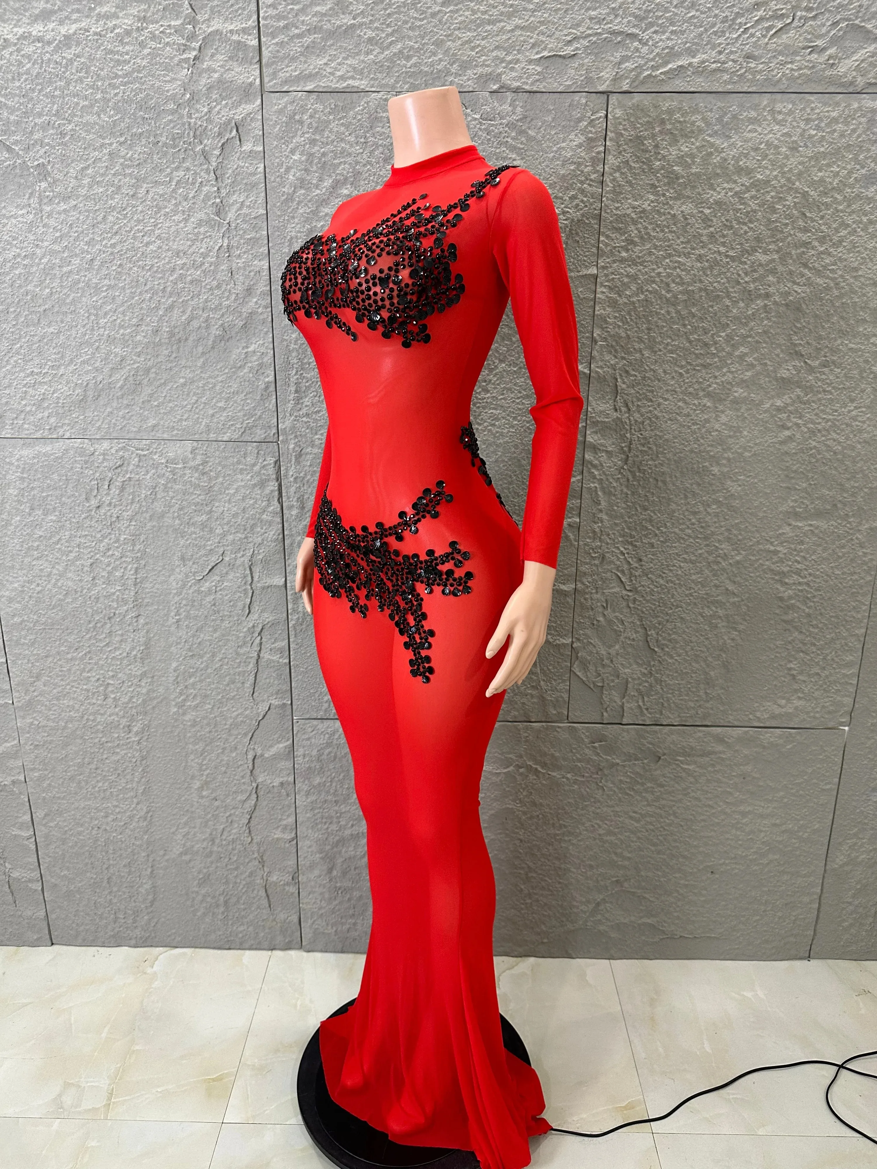 Women High Neck Long SleeveRhinestone Sequin Embellished Bodycon Stage Costume Refined Luxurious Nude Sheer Mesh Maxi Dress