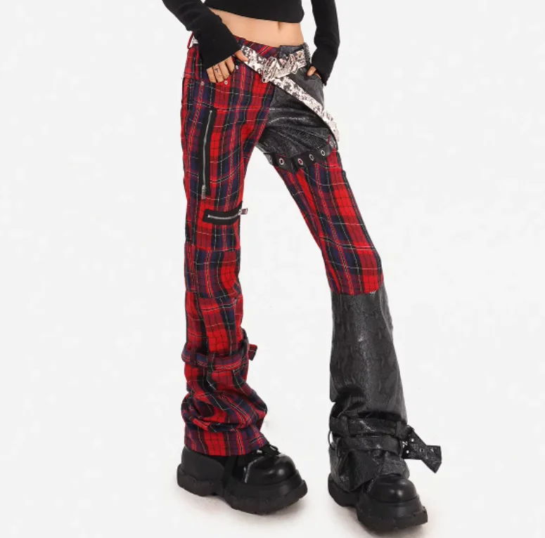 Spring Autumn New Street Red Slim Plaid Fashion Splicing Leather Pants Sexy Girls Low Waist Versatile Personalized Trousers