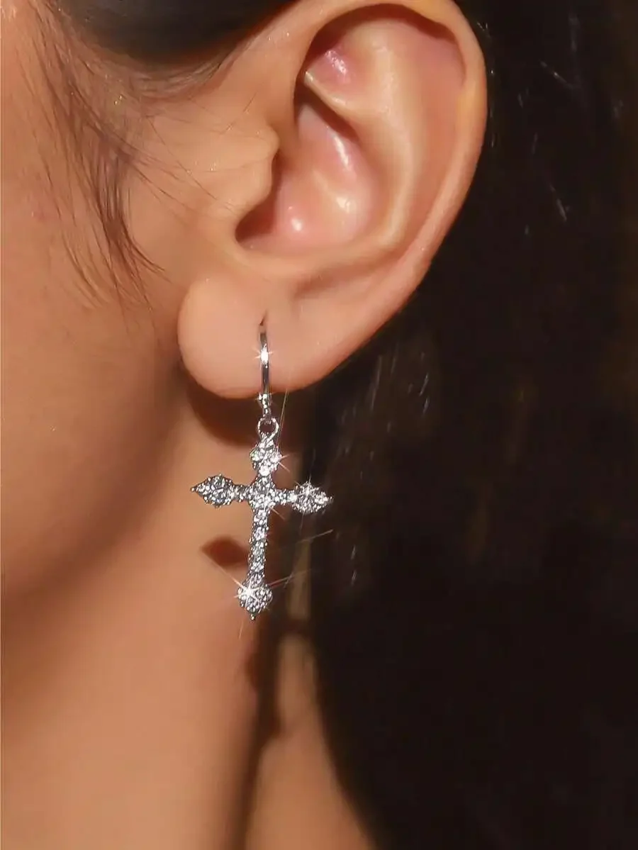 Shiny Cross Pendant Drop Earrings Bling Party Style For Daily Wear
