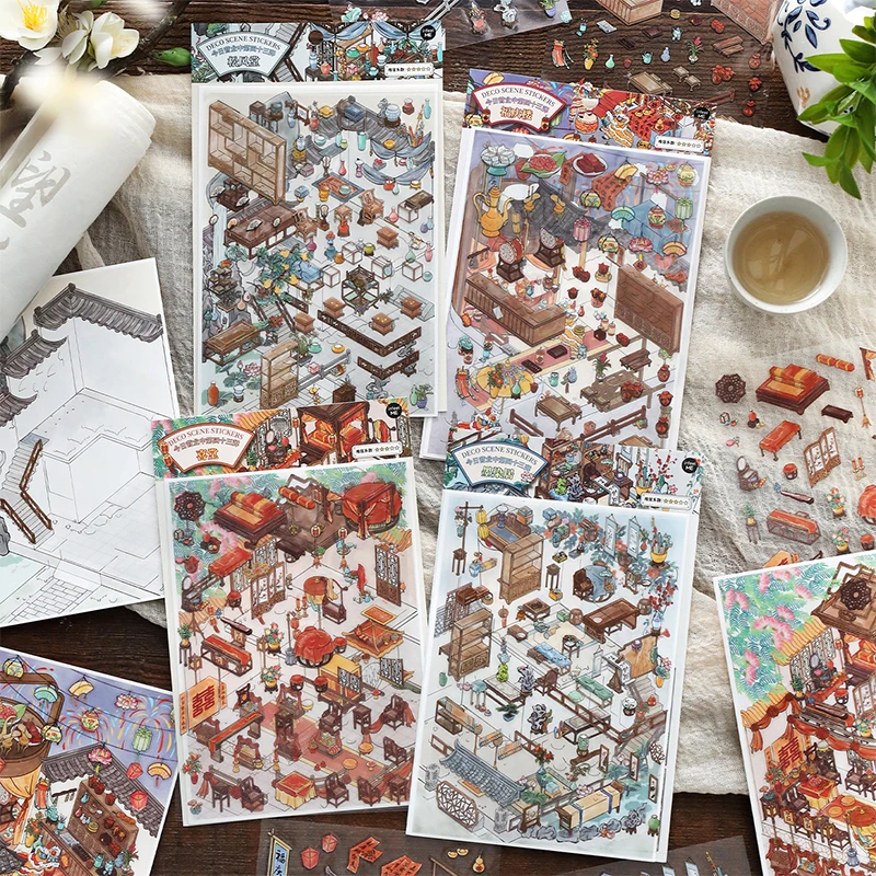 

Mr.Paper 4 Packs Open Now Vol.43 Series 2.5D Diorama Stickers, PET+White Card Large Scene Decals for Journaling & Scrapbooking
