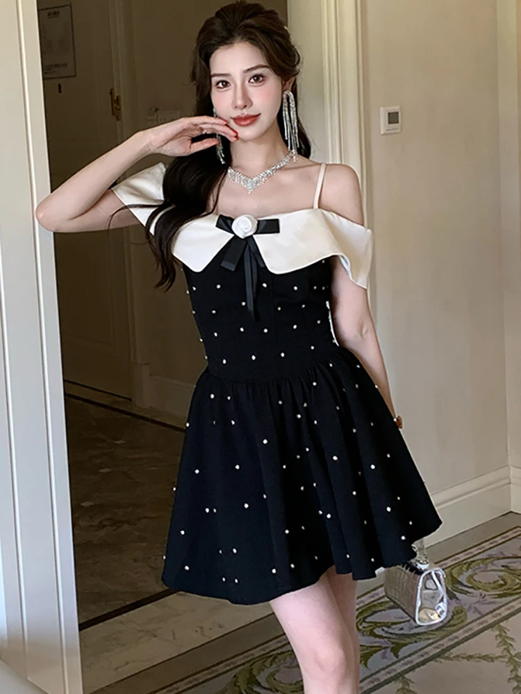 White Diamonds Polka Dot Luxury Women's Dress Summer Bow Elegant Sling Sexy Mini Dress 2024 New Korean Fashion Bodycon Y2k Dress