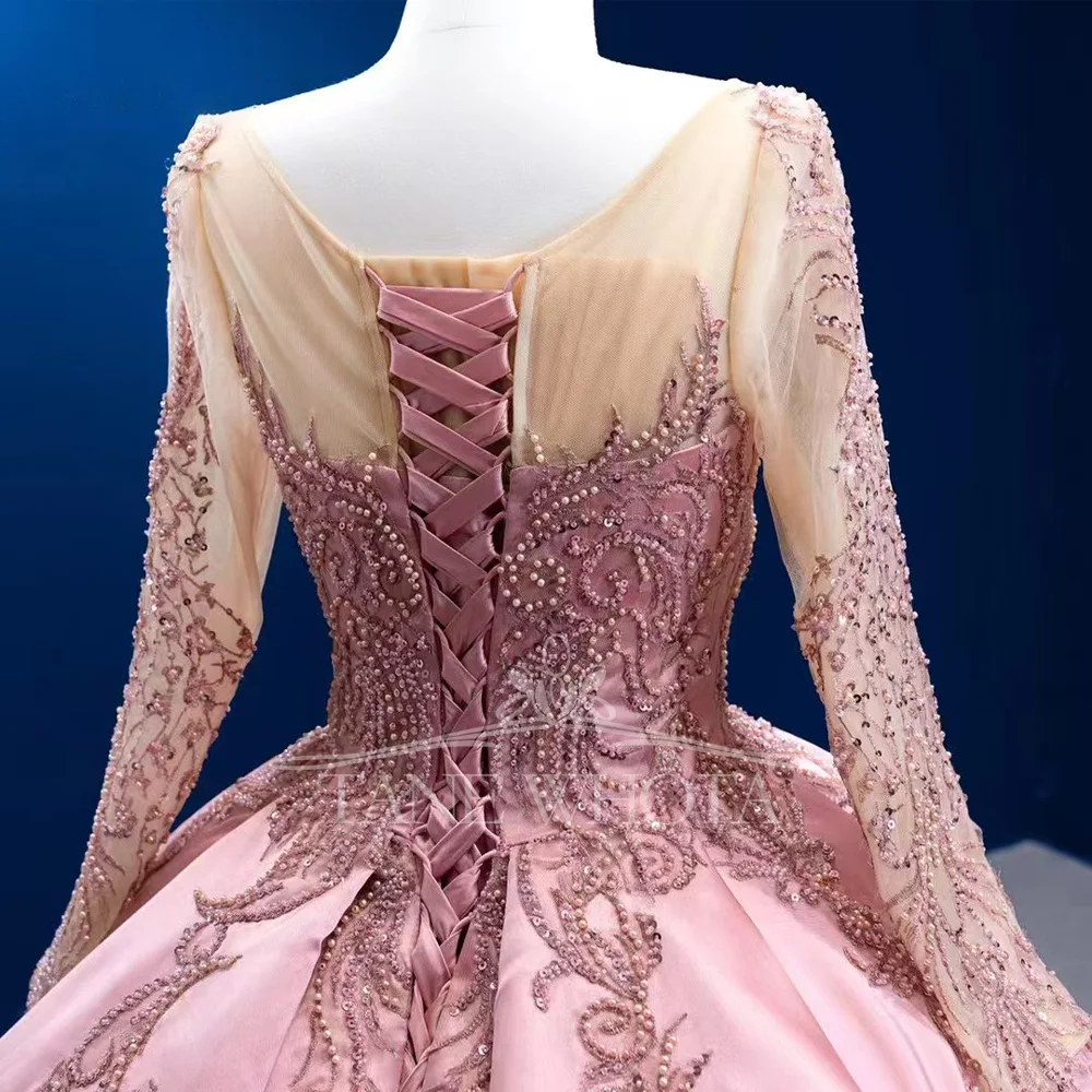 Pink O-Neck Long Sleeve Crystal Beaded Lace Up Back Prom Gown Customizable Luxury Evening Dress With Embroidery