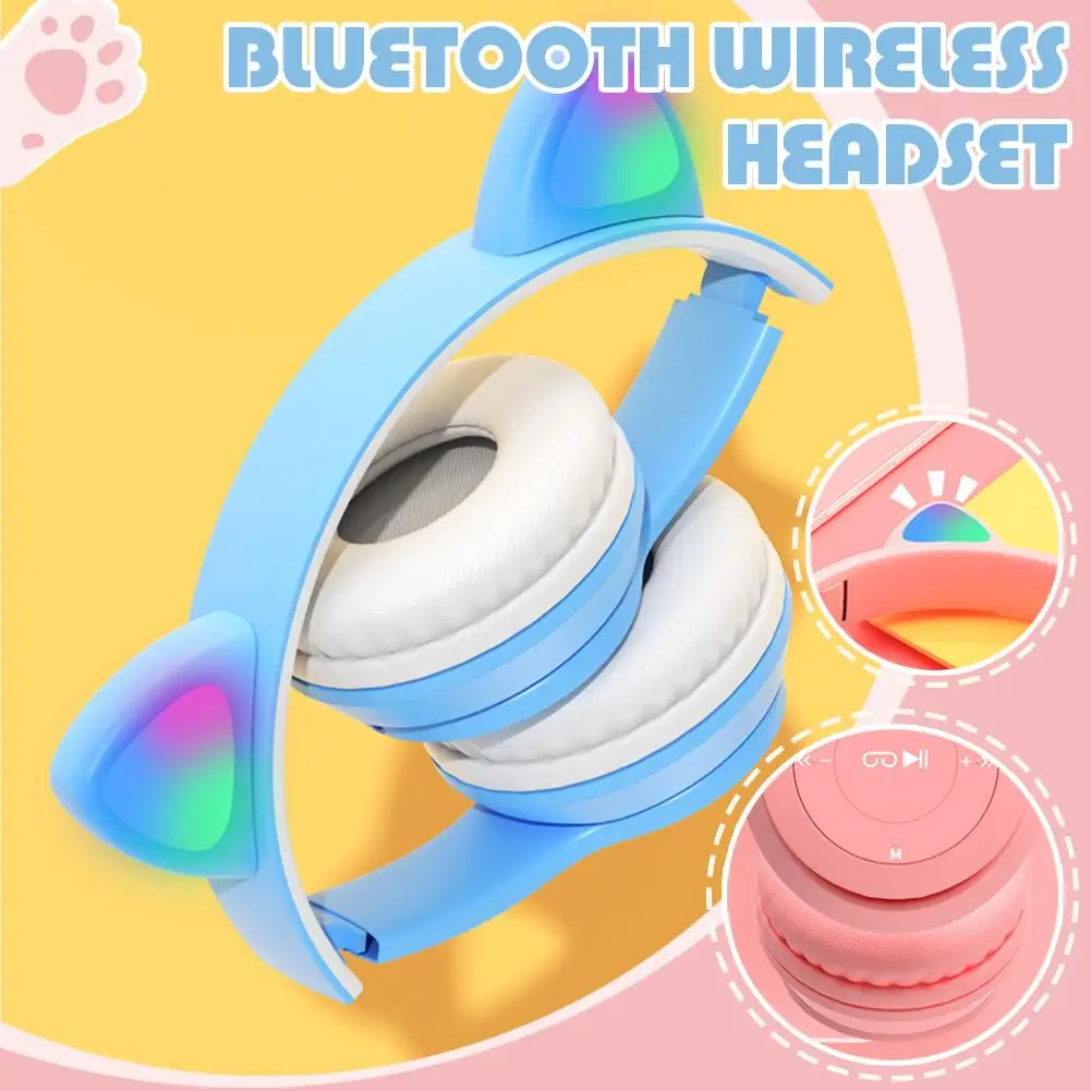 Cats Ear Headphones Hifi Bluetooth Earbuds Foldable Anchor Earbuds Connection 3d Card No Sound Can Memory Surround Delay Pl X8h9