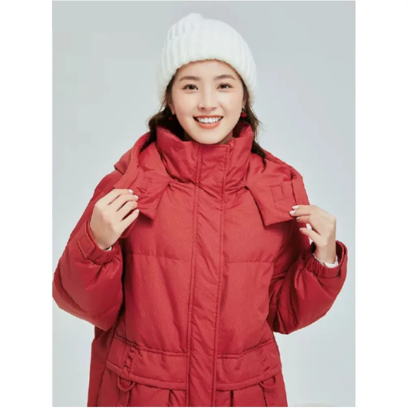 Red hooded retro Orientalism warm coat white duck down jacket women down jacket