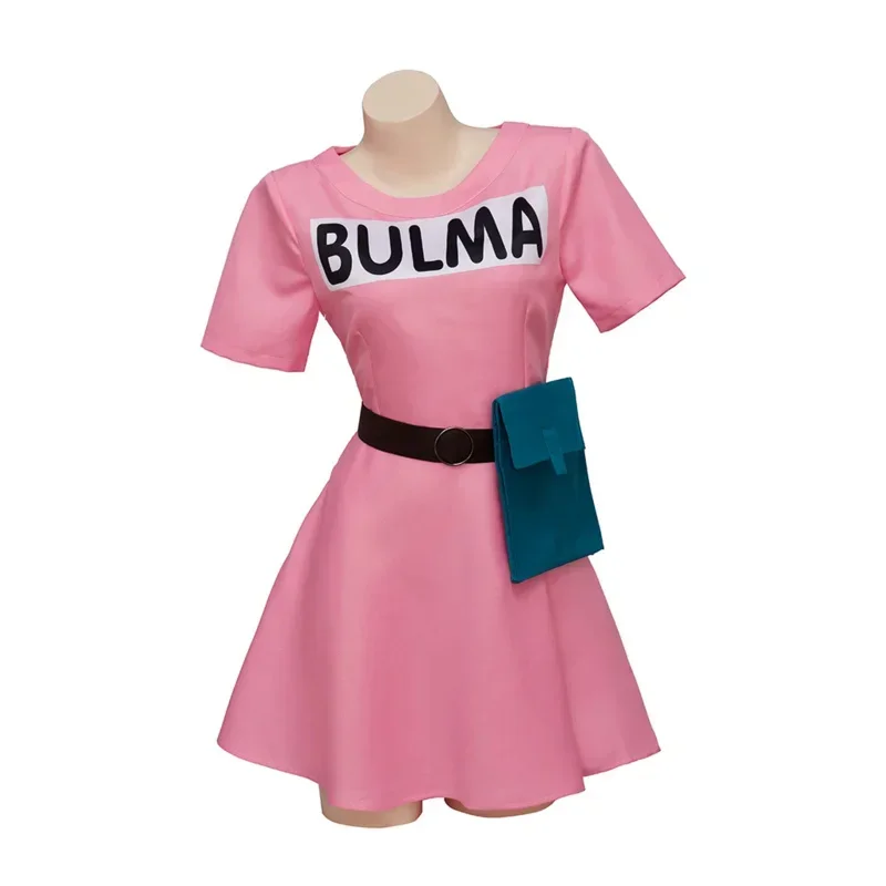 Bulma cosplay costume pink dress headwear purple scarf belt bag full set for women's Halloween cosplay costume