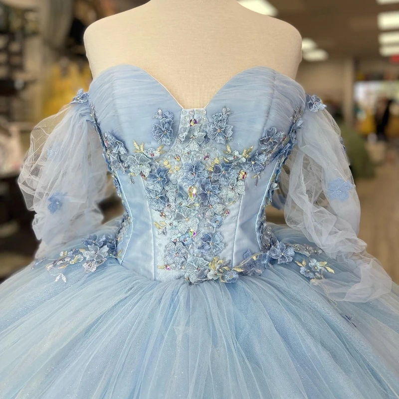 Sky Blue Sweetheart 16 Quinceanera Dresses Off the Shoulder Lace Applique Beads Ball Gown Sweet Vestido De 15 Anos Lace-Up