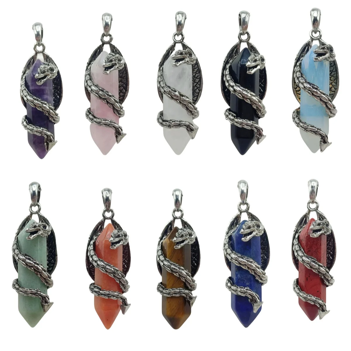 Fashion Hexagonal Prism Wrapped Dragon Keychain for Women Men Healing Chakra Crystal Point Energy Amulet Pendant Keyring Jewelry