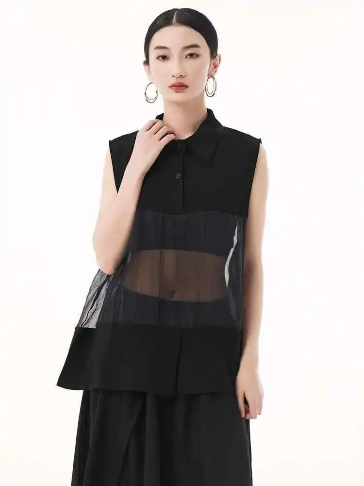 Women Black Mesh Perspective Big Size Elegant Blouse New Lapel Sleeveless Shirt Fashion Tide Spring Summer