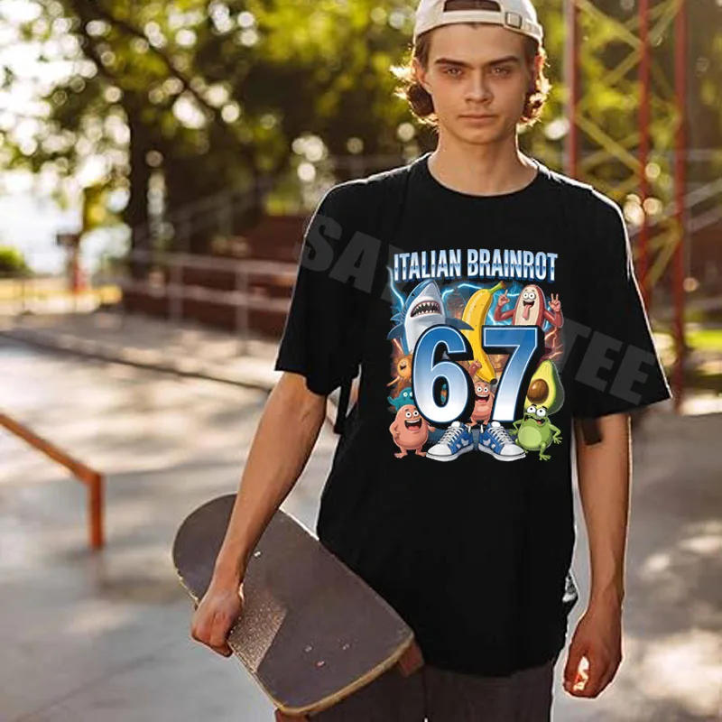67 Brainrot الإيطالية ميمي مضحك 67 الأولاد أزياء زي ستة سبعة 6-7 تي شيرت Y2k المشجعين الفوضى الفكاهة قائلا المحملة الجدة القمم هدية