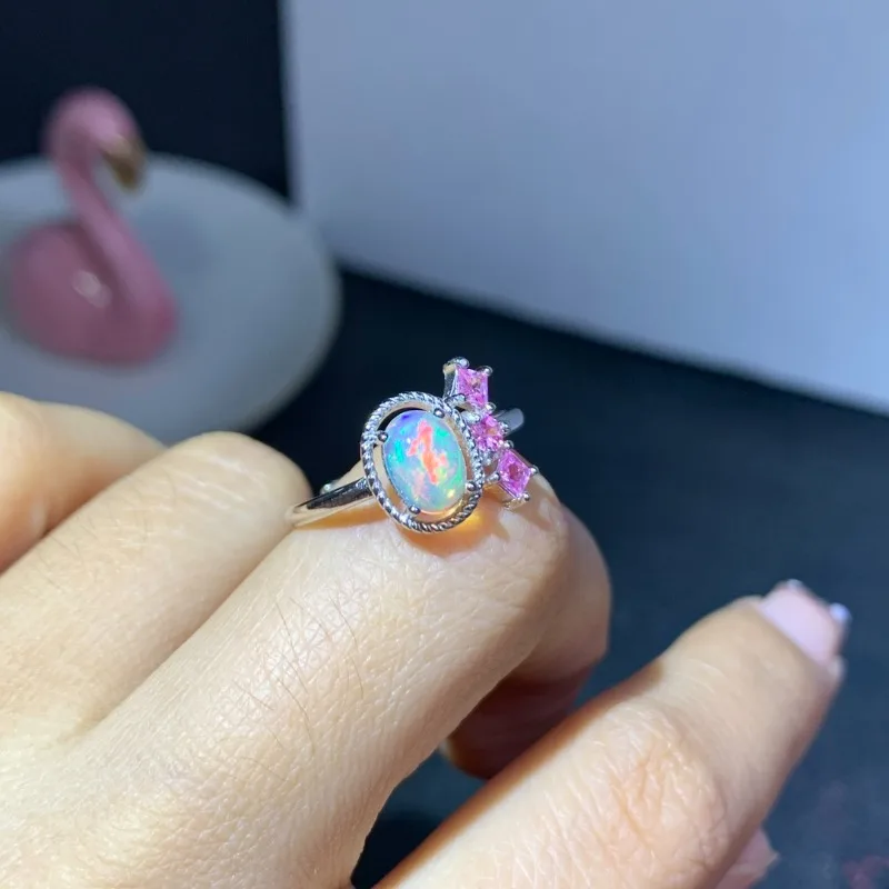 

5x7 Natural Opal with Natural Pink Sapphire Engagement Rings for Women Silver 925 YULEM Fine jewelry