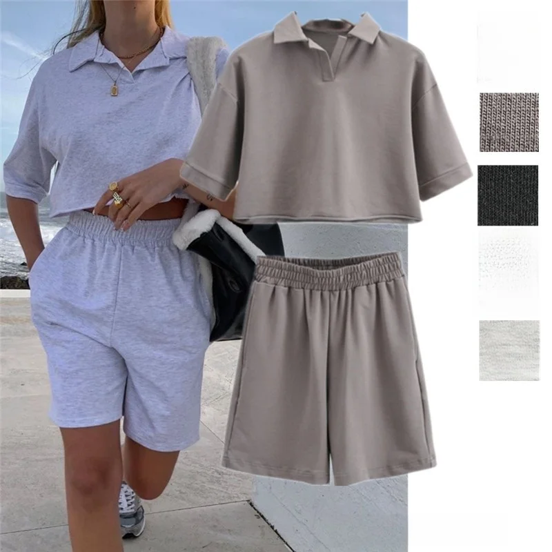 Comfortable Pure Color  Ne ort Sve Outfit with Cuffed orts Breathable Cotton Summer Faion Set for Women