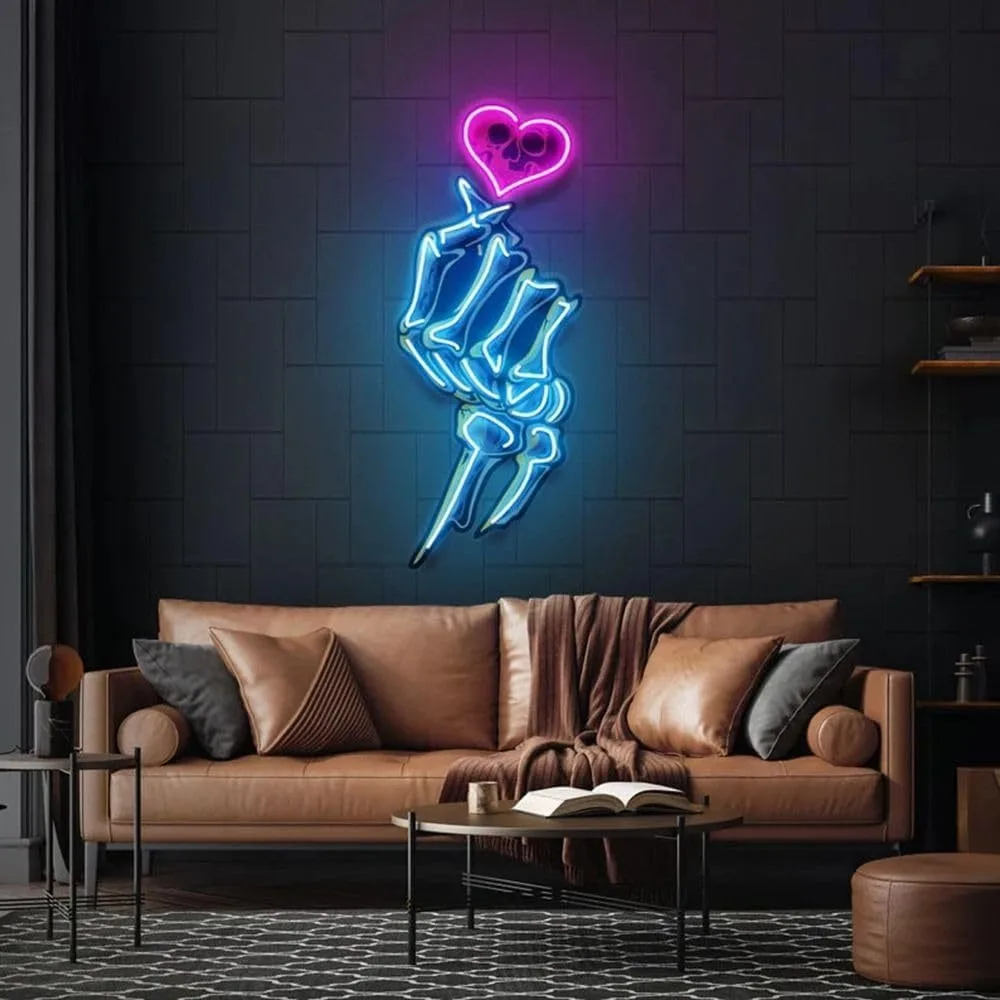 Skull & Heart UV-Printed Neon Sign - USB Powered, Adjustable Brightness Ice Blue Wall Decor for Bedroom Living Room Bar Party