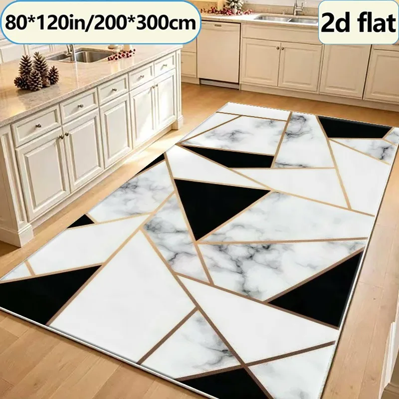 Black and White Marble Gold Geometric Mosaic Carpet, Modern Luxury Carpet, Suitable for Living Room, Bedroom, Indoor Home Decoration