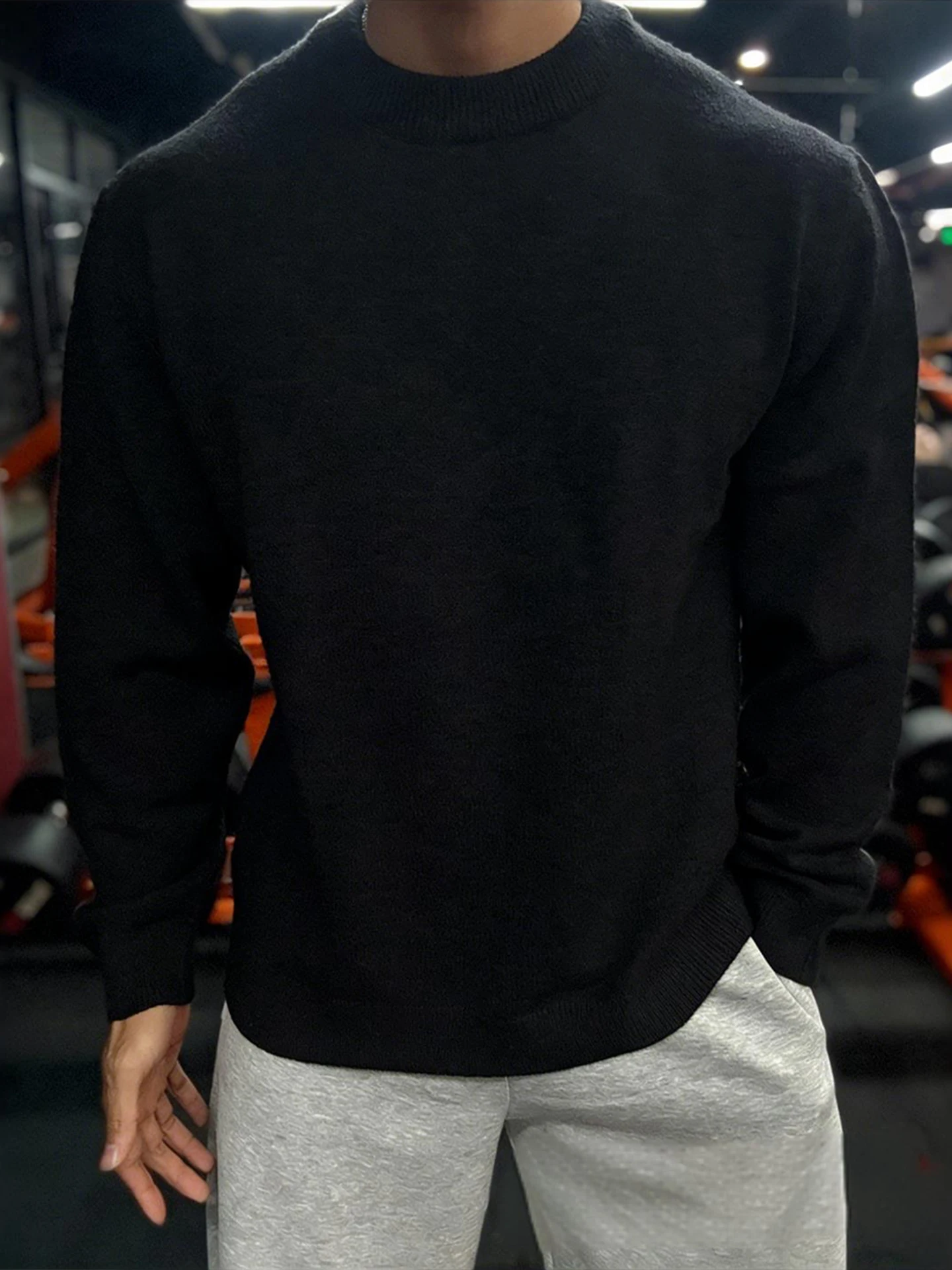 

Men's Bla round Ne Fce Lined Knitwear Long Sve Thiened Slim Fit American Sle Winter Base Layer irt