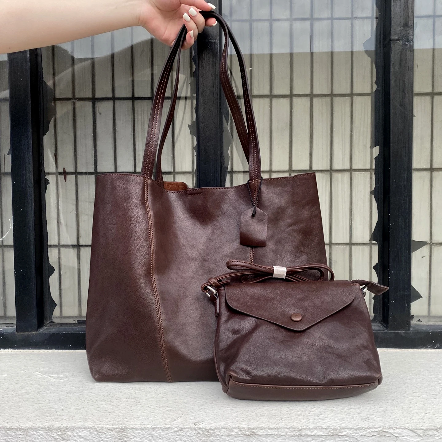 Genuine Vegetable Tanned Leather Tote Bag Women Large Capacity Shoulder Shopper Purse With Pouch Top-Grain Cowhide