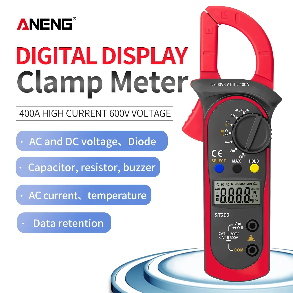 ANENG ST202 digital clamp meter 400A AC current 600V AC/DC voltage resistance capacitor diode on/off temperature measurement