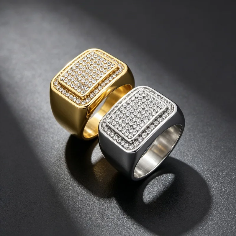 Kalen Herrenring, größer, quadratisch, hochwertig, mit CZ-Kristallen, Edelstahl, Schmuck, männlicher Charme, Fingerring, Damen-Accessoire – Detail 10