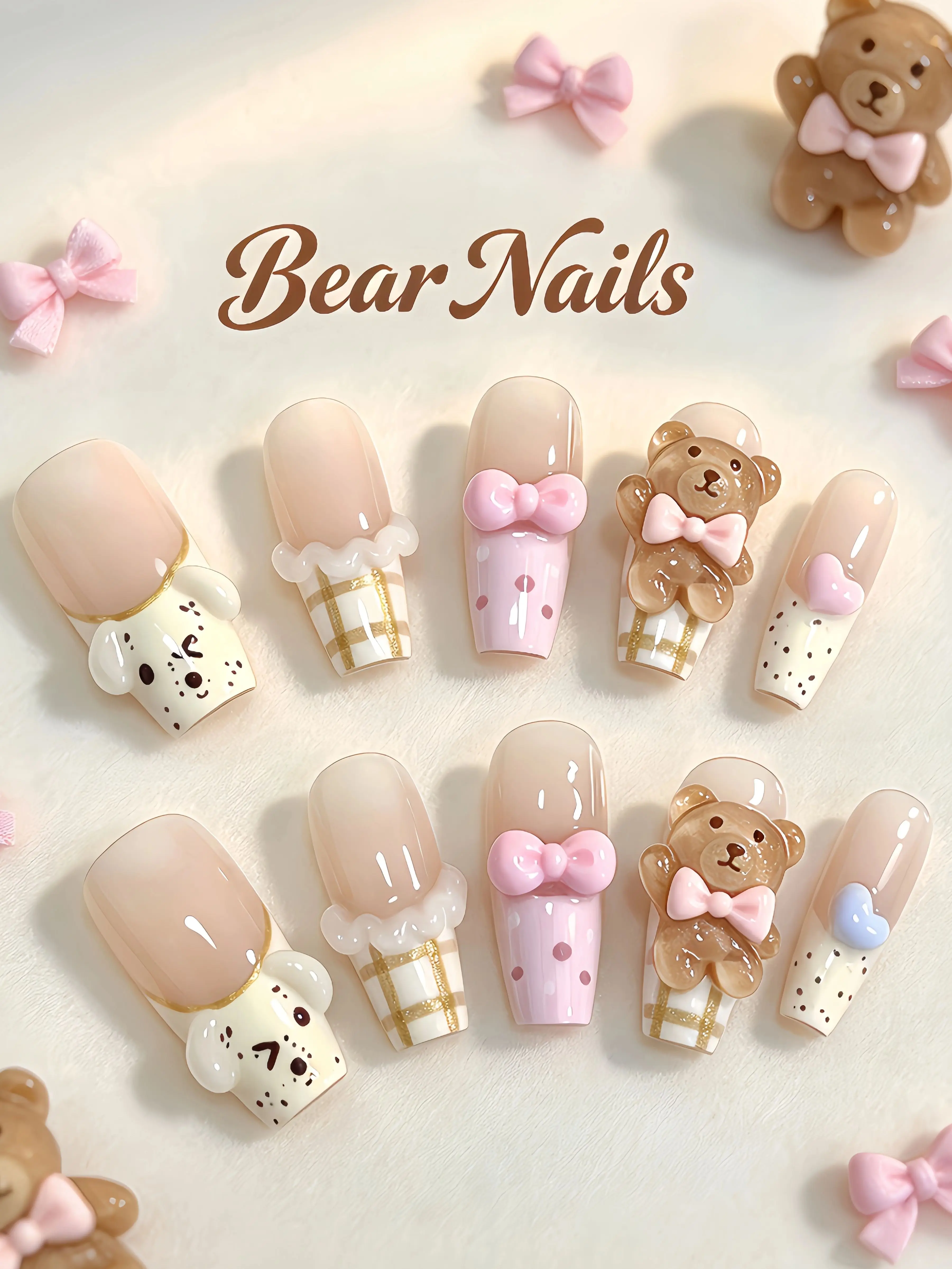 Korean-Style Cute Nail Tips with Cream Lace and Multi-Color Splicing, Handmade Wearable Nails for Girls' Daily Outings
