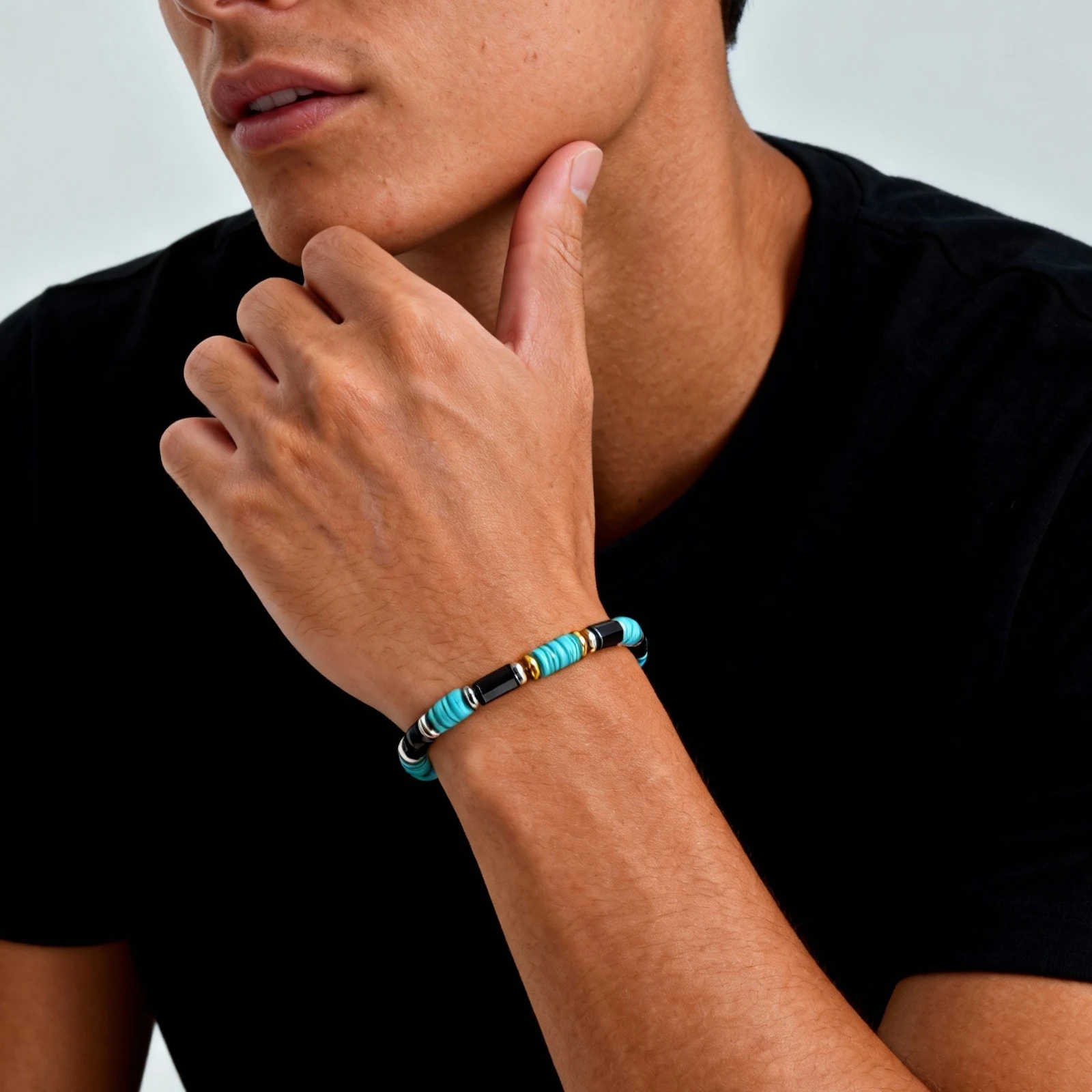 Retro Imitation Natural Blue Stone Beads Bracelet for Men, Handmade Elastic Bracelets, Fashion Party Jewelry Accessories Gift