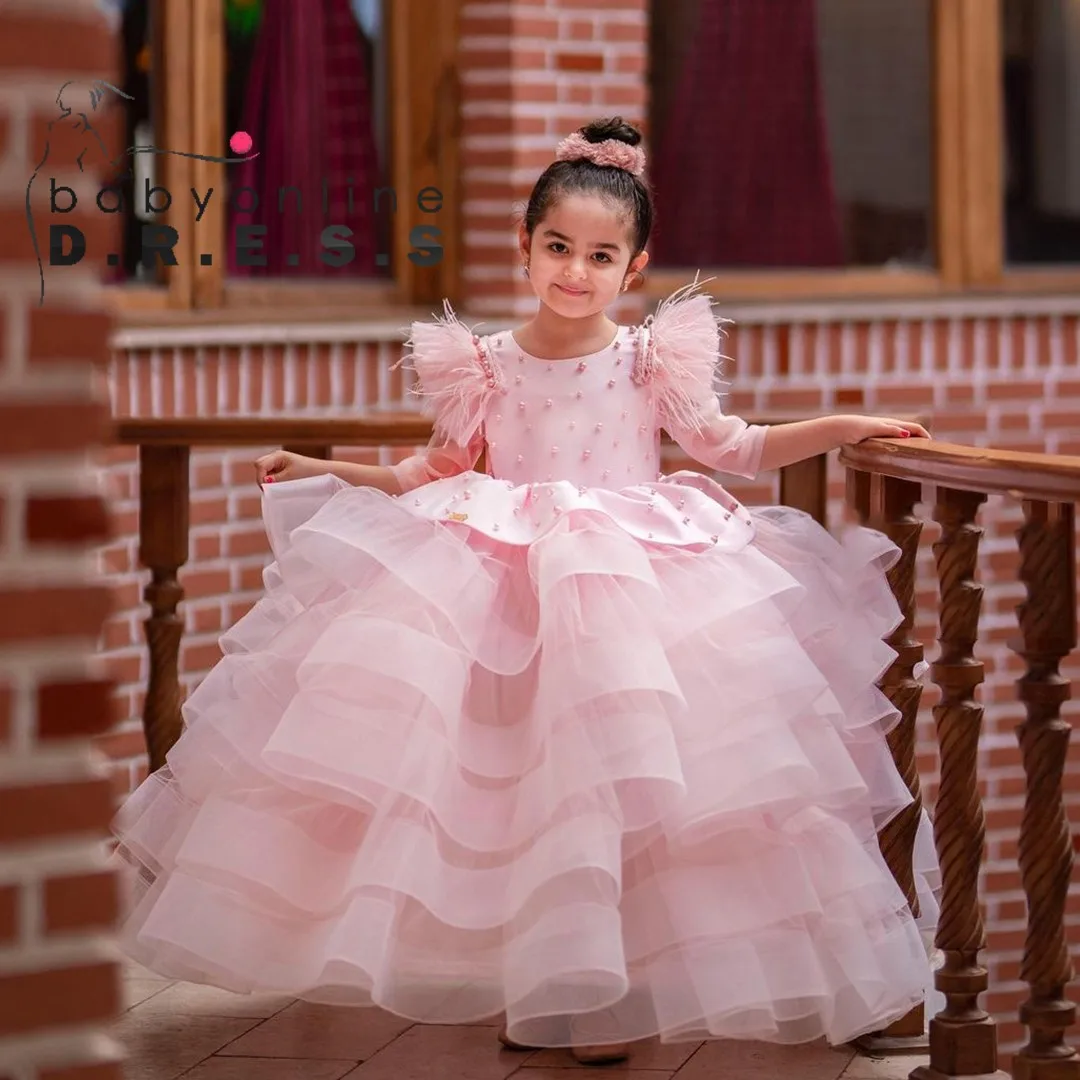 BABYONLINE Pink Dress for Tollder Communion Girl Dress Pearl Stones Top Feathers Sleeveless Ball Gown Maxi Skirt Formal Party