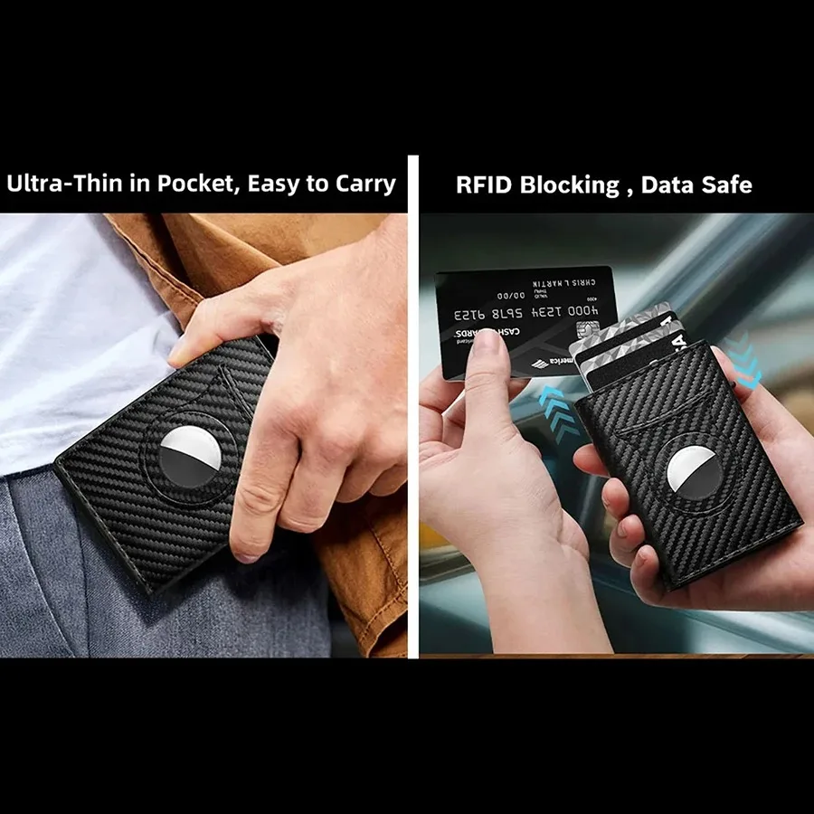 Personalisierter Name Herren-Kartenclip aus Kohlefaser, magnetisch, Leder, RFID, dreifach gefaltete Karte mit Reißverschluss, Smart Wallet, AirTag-Geldbörse – Detail 5
