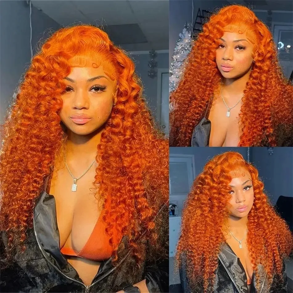 Peluca con malla frontal sintética 13X4 de Color rubio miel jengibre naranja ondulado profundo para mujeres nudos blanqueadores prearrancados Cosplay suave diario