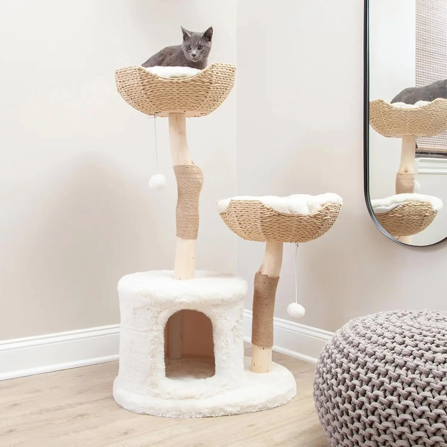 The Bungalow Cat Tree - Luxury Cat Condo, Large Modern Indoor Tower with 2 Faux Fur Beds, Scratching Posts,Toys,and Den for Cats