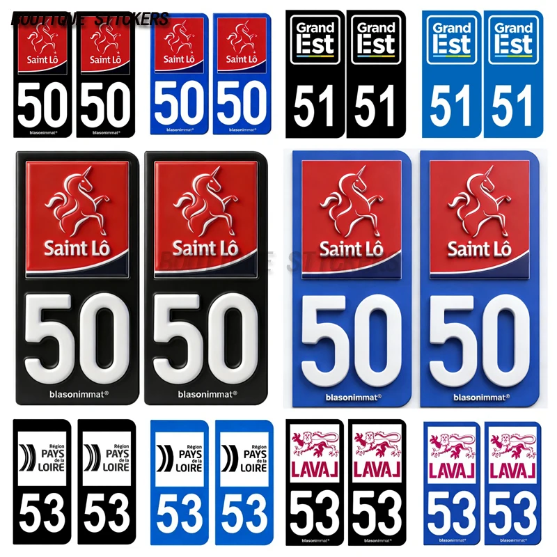 

2Pcs Autocollant plaque d'immatriculation française noir bleu 50 Saint Lo-Ville51 F+ 53 Laval-Ville Car waterproof PVC sticker
