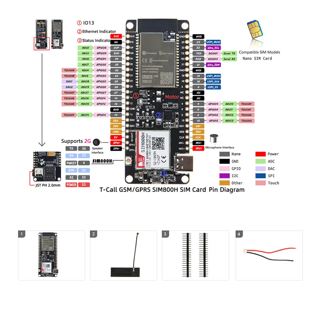 N82R SIM800H Modul Nirkabel T-call & Modul MCU32 PMU dengan Antena GPRS SIM800H-8MB-Q390