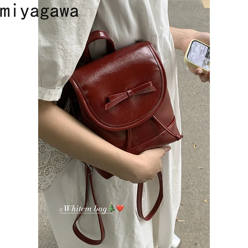 Miyagawa Bowtie Backpack for Women's 2024 New Korean Niche Backpacks Academy Style Handheld Small Bucket Bag