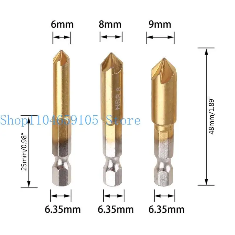 652f Countersink Drill Bits Center Set 3 PCS 1/4 Shank HSS 5 флейт 90 °