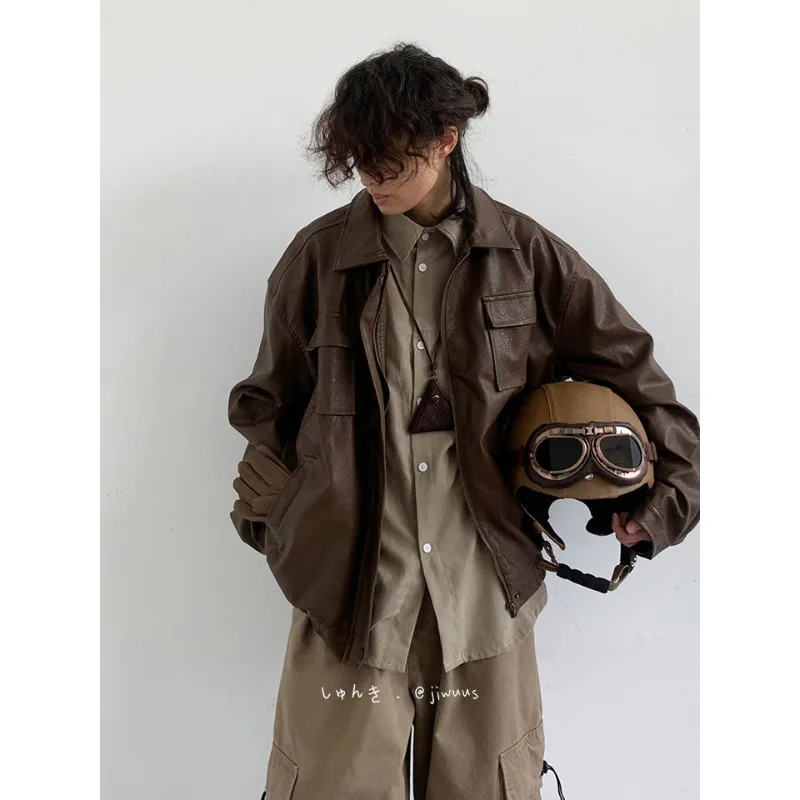 Autumn And Winter New Leather Coat Men Y2K Japanese Retro Trend Set Of Wearing Function Wind Ruffian Handsome Loose PU Jacket